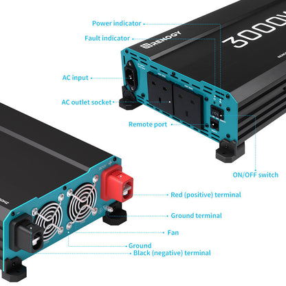 3000W 12V Solar Inverter Pure Sine Wave DC to AC for Camper Van Motorhome Off-Grid