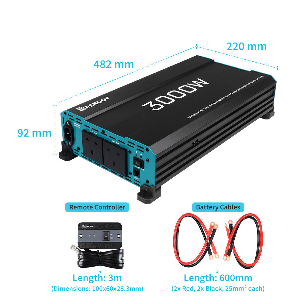 3000W 12V Solar Inverter Pure Sine Wave DC to AC for Camper Van Motorhome Off-Grid